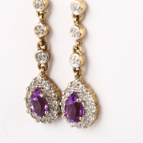 1299 - A pair of 9ct gold amethyst and diamond pear cluster drop earrings, with stud fittings, 26.2mm, 2.5g... 