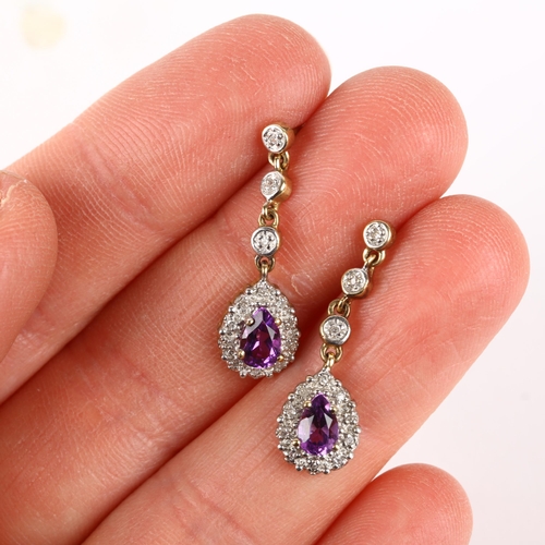 1299 - A pair of 9ct gold amethyst and diamond pear cluster drop earrings, with stud fittings, 26.2mm, 2.5g... 