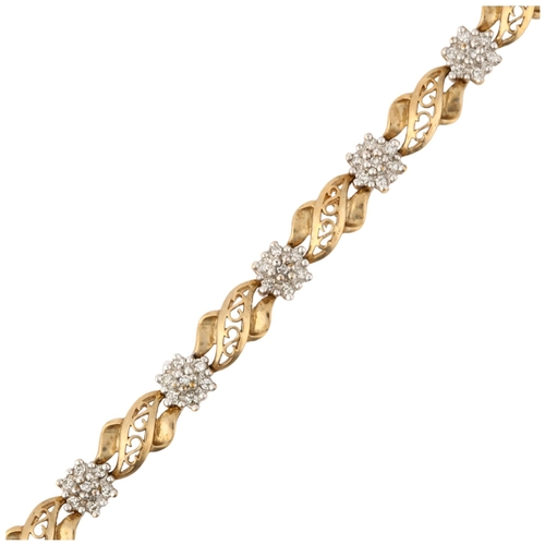 1300 - A 9ct gold diamond flowerhead cluster line bracelet, claw set with single-cut diamonds, total diamon... 