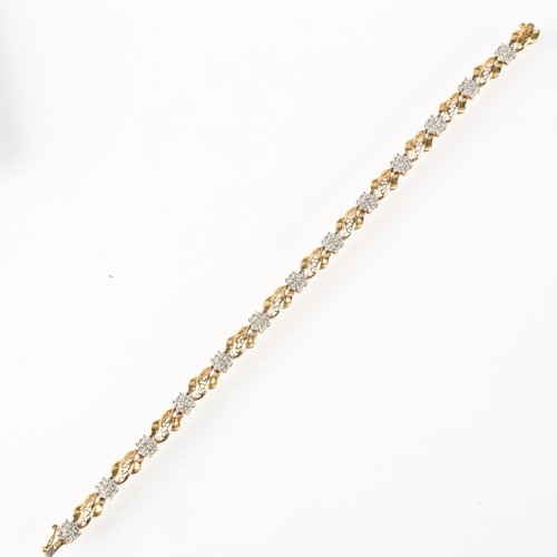 1300 - A 9ct gold diamond flowerhead cluster line bracelet, claw set with single-cut diamonds, total diamon... 