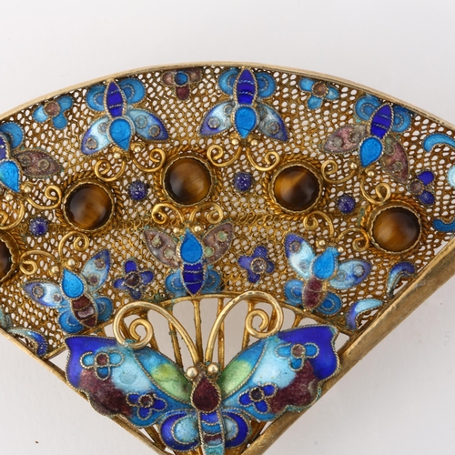 1304 - A Chinese silver-gilt filigree tigers eye and enamel butterfly fan drop brooch, 20th century, height... 