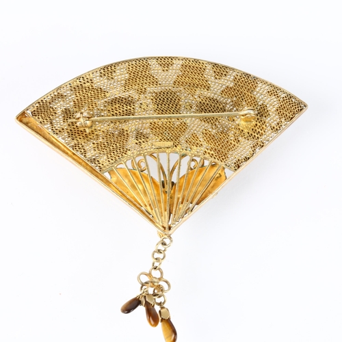 1304 - A Chinese silver-gilt filigree tigers eye and enamel butterfly fan drop brooch, 20th century, height... 