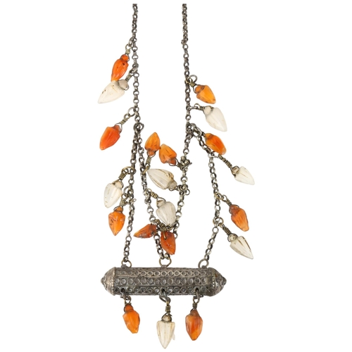 1306 - A Yemeni Bedouin Phenolic silver and carnelian wedding necklace, 52cm, 44.6g