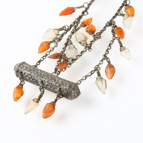 1306 - A Yemeni Bedouin Phenolic silver and carnelian wedding necklace, 52cm, 44.6g