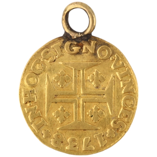 1308 - A Portuguese John IV (1706 - 1750), 1738 gold 400 reis coin, with pendant mount, 13mm, 0.8g