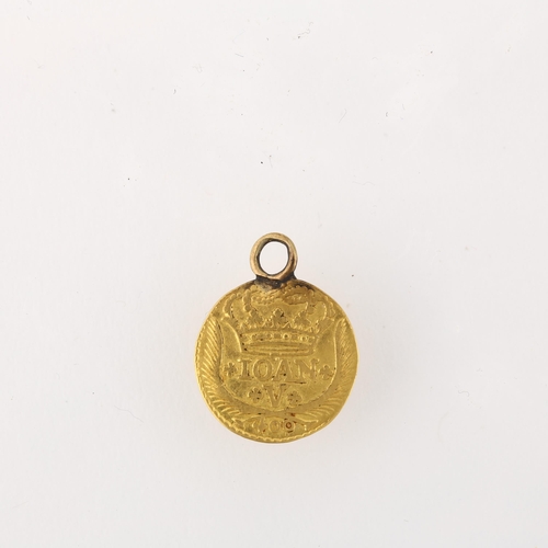 1308 - A Portuguese John IV (1706 - 1750), 1738 gold 400 reis coin, with pendant mount, 13mm, 0.8g