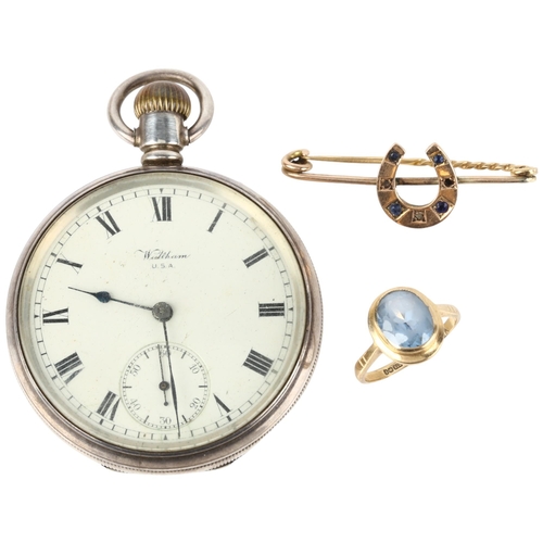 1309 - Various jewellery, including 9ct gold horse shoe brooch and ring, 4.5g gross, and a silver Waltham p... 