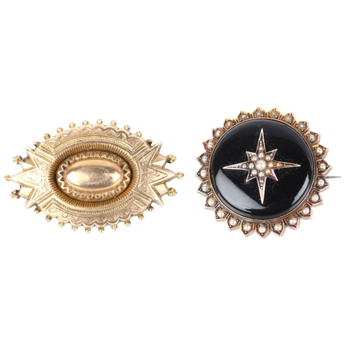 1314 - 2 Victorian mourning brooches, both unmarked gold, largest 44.8mm, 21.1g gross (2)