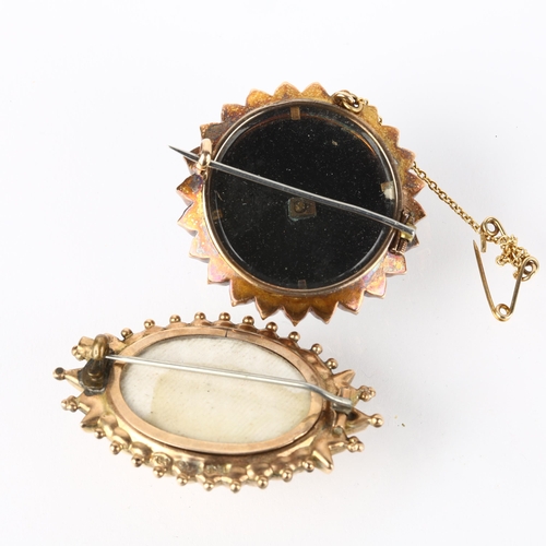 1314 - 2 Victorian mourning brooches, both unmarked gold, largest 44.8mm, 21.1g gross (2)