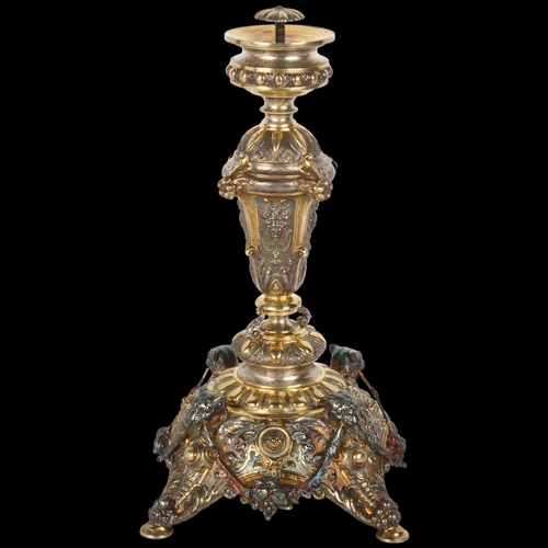 1453 - An Austrian 800 silver-gilt Renaissance Revival tazza base, ornate repousse foliate and fruit swag d... 