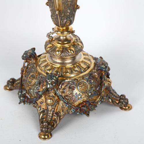 1453 - An Austrian 800 silver-gilt Renaissance Revival tazza base, ornate repousse foliate and fruit swag d... 