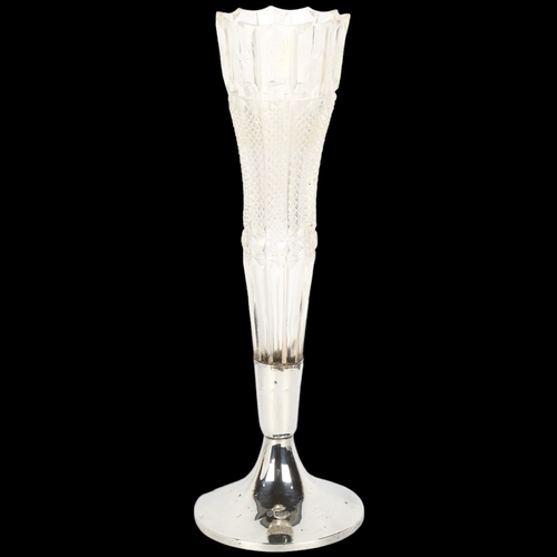 1454 - A large late Victorian silver-mounted glass trumpet vase, indistinct maker, Sheffield 1900, hob nail... 