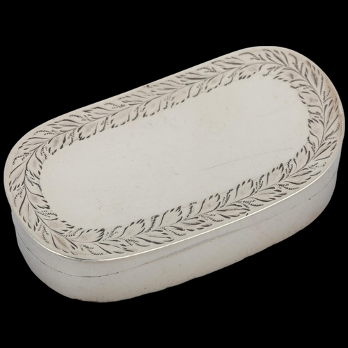 1457 - A George III silver snuffbox, Samuel Pemberton, Birmingham 1800, oval curved form with bright-cut en... 