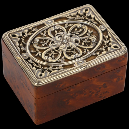 1458 - A good quality Continental silver-gilt mounted thuya wood stamp box, relief embossed and pierced fol... 