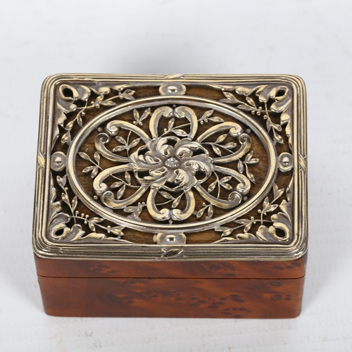 1458 - A good quality Continental silver-gilt mounted thuya wood stamp box, relief embossed and pierced fol... 