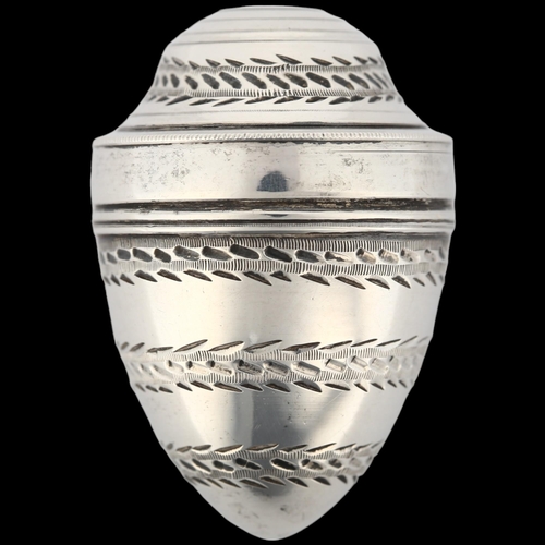 1462 - A George III silver 'Egg' nutmeg grater, Samuel Pemberton, Birmingham 1801, allover bright-cut engra... 