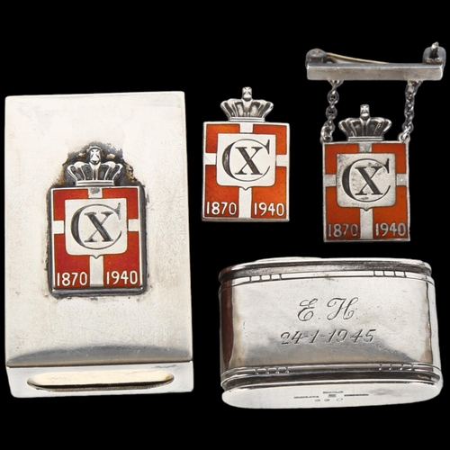 1473 - GEORG JENSEN - a sterling silver sodetablet holder, a Jensen & Wendel matchbox holder, and 2 badges ... 