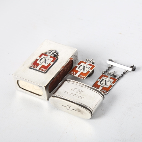 1473 - GEORG JENSEN - a sterling silver sodetablet holder, a Jensen & Wendel matchbox holder, and 2 badges ... 