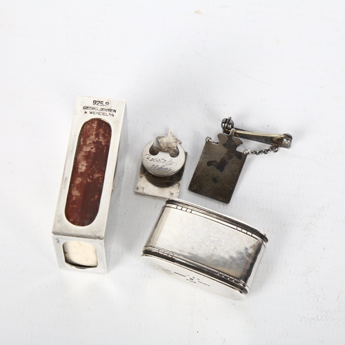 1473 - GEORG JENSEN - a sterling silver sodetablet holder, a Jensen & Wendel matchbox holder, and 2 badges ... 