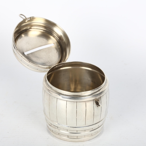 1480 - An Edwardian novelty silver barrel money box, Saunders & Shepherd, Birmingham 1902, height 6.5cm, 1.... 