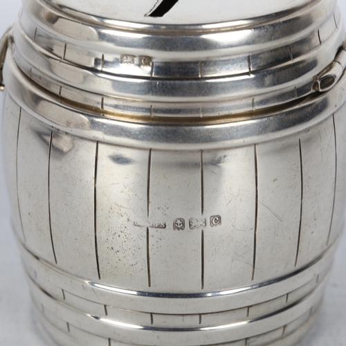 1480 - An Edwardian novelty silver barrel money box, Saunders & Shepherd, Birmingham 1902, height 6.5cm, 1.... 