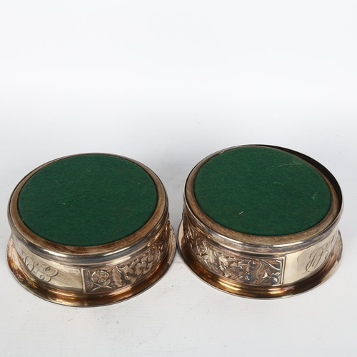 1488 - A pair of Elizabeth II silver-mounted oak double magnum? wine bottle coasters, Roberts & Belk, Sheff... 