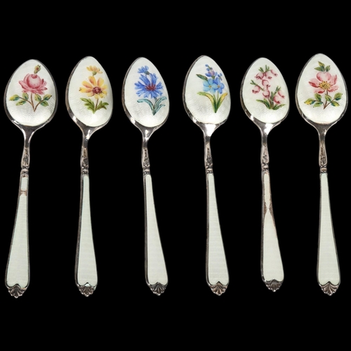 1490 - A set of 6 Elizabeth II silver and enamel coffee spoons, Adie Brothers Ltd, Birmingham 1961, with ha... 