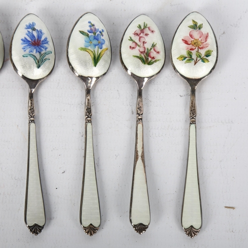 1490 - A set of 6 Elizabeth II silver and enamel coffee spoons, Adie Brothers Ltd, Birmingham 1961, with ha... 