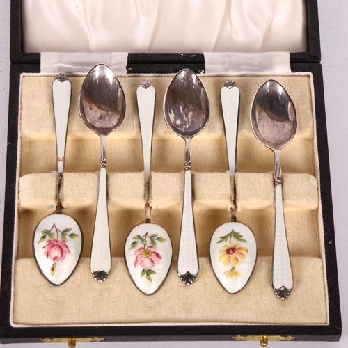 1490 - A set of 6 Elizabeth II silver and enamel coffee spoons, Adie Brothers Ltd, Birmingham 1961, with ha... 