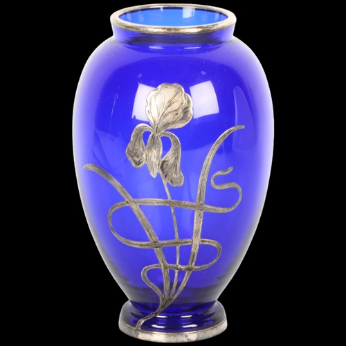 1504 - An early 20th century silver overlaid Bristol blue glass 'iris' vase, 14cm