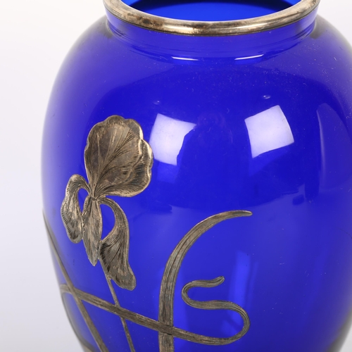 1504 - An early 20th century silver overlaid Bristol blue glass 'iris' vase, 14cm