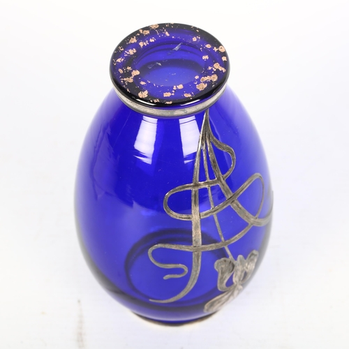 1504 - An early 20th century silver overlaid Bristol blue glass 'iris' vase, 14cm