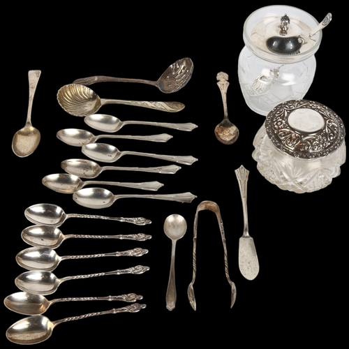 1507 - Various silver, including spoons, dressing table jars etc, 11.3oz weighable