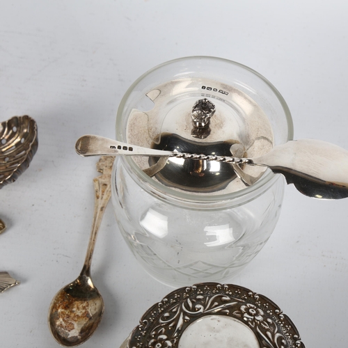 1507 - Various silver, including spoons, dressing table jars etc, 11.3oz weighable