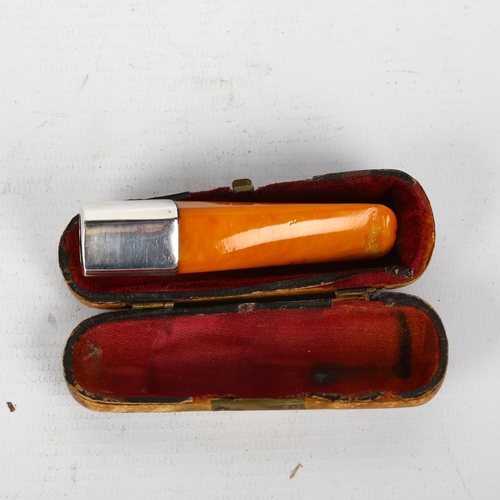 1509 - VCF BARNDORFF - an Art Deco Danish silver-mounted amber cigar holder, 8cm, in fitted leather case