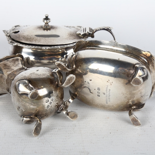 1511 - An Edward VIII silver 3-piece cruet set, Edward Barnard & Sons Ltd, London 1936, with fitted blue gl... 