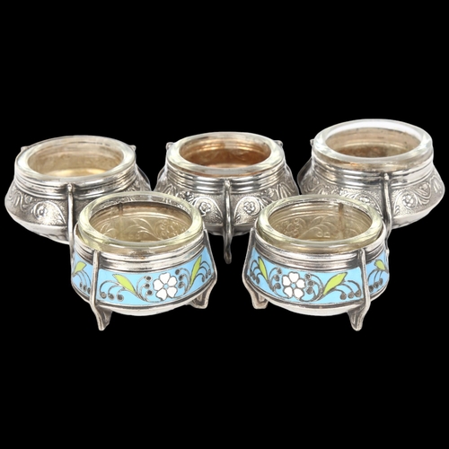 1514 - A group of 5 Russian white metal and enamel table salt cellars, with blue glass liners, marked 10M8M... 