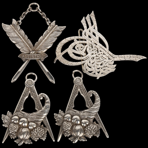 1518 - 3 heavy silver Masonic jewels, and a Middle Eastern white metal buckle, length 9cm (4)