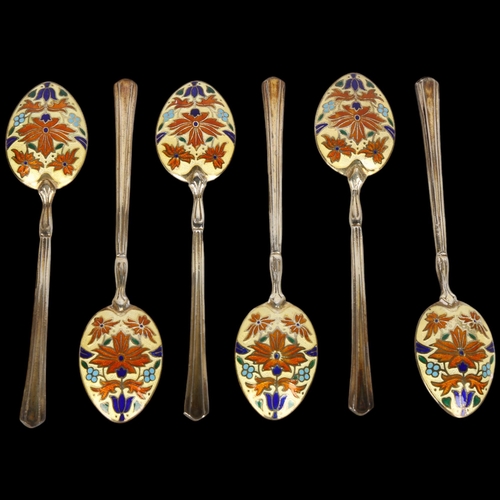 1523 - A set of 5 George VI silver-gilt enamel coffee spoons, Turner & Simpson Ltd, Birmingham 1948, 10cm, ... 