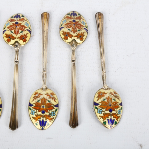 1523 - A set of 5 George VI silver-gilt enamel coffee spoons, Turner & Simpson Ltd, Birmingham 1948, 10cm, ... 