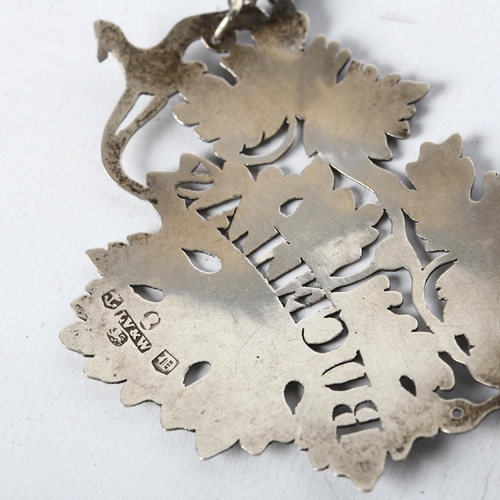 1526 - A George IV silver 'Bucellas' grapevine wine decanter label, Ledsan Vale, Birmingham 1827, width 8.5... 