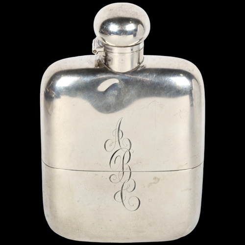 1529 - A heavy gauge Edwardian silver hip flask, Alexander Clark, London 1907, with button cap and removeab... 