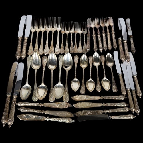 1545 - A set of 19th century German 800 silver flatware for 6 people, by Carl Heisler, including fish knive... 