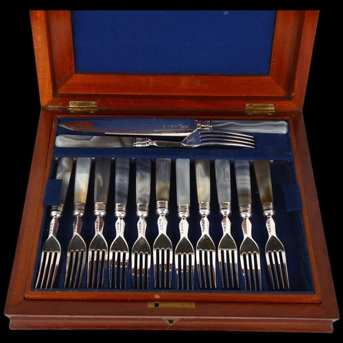 1546 - A cased set of 19th century lace agate handled silver plated dessert cutlery, Thomas Harwood & Co, c... 