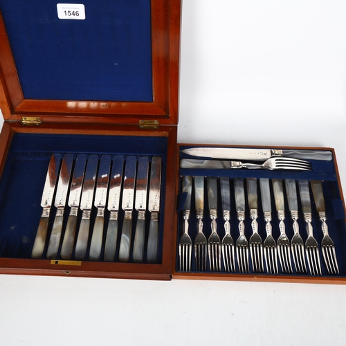 1546 - A cased set of 19th century lace agate handled silver plated dessert cutlery, Thomas Harwood & Co, c... 