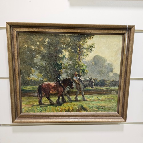 673 - Arthur Spooner (1873-1962), farm boy with heavy plough horses, oil on board, signed and dated 1917, ... 