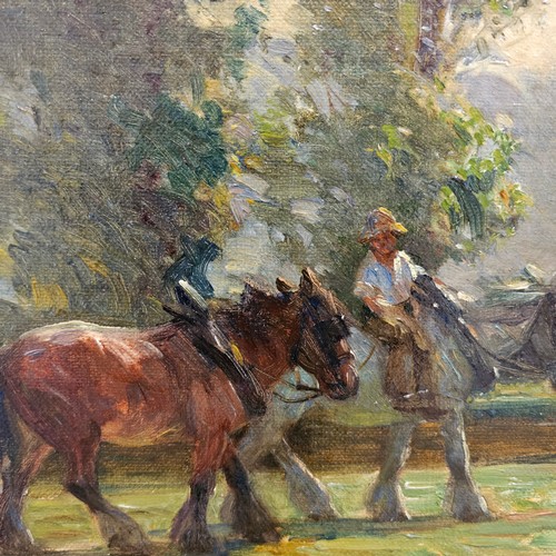 673 - Arthur Spooner (1873-1962), farm boy with heavy plough horses, oil on board, signed and dated 1917, ... 