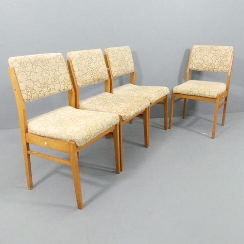 2032 - A set of four mid-century teak and upholstered dining chairs with drop in seats, Impressed GDR.