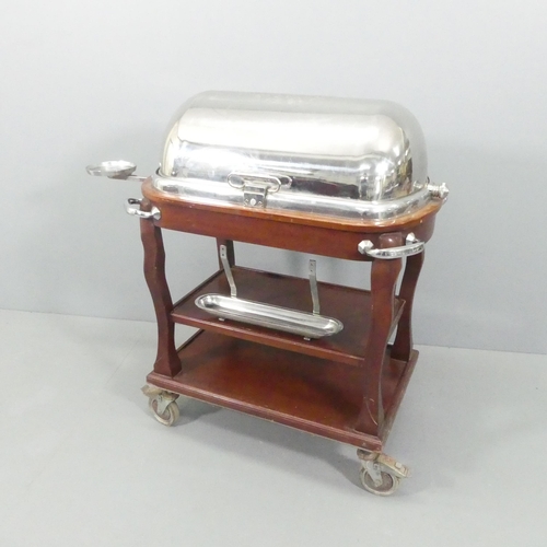2039 - A mid-century style mahogany carving trolley with silver plated fittings, in the manner of Chistofle... 