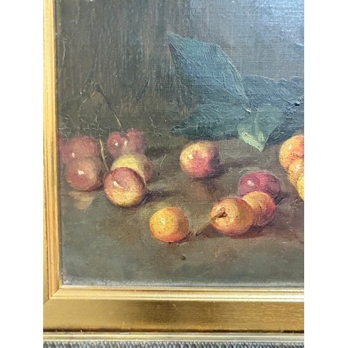 620 - E M Ilsley, still life cherries, oil on canvas, circa 1900, signed, 25cm x 41cm, framed